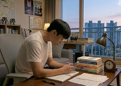 중학생 남자아이가 구부정한 자세로 스마트폰을 보며 거북목 증상을 보이는 모습