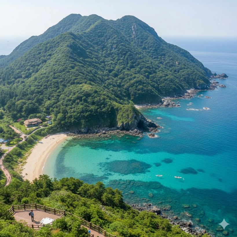 오염되지 않은 바다와 숲이 어우러져 신비로운 분위기를 자아내며, 섬 울릉도를 하늘에서본 풍경
