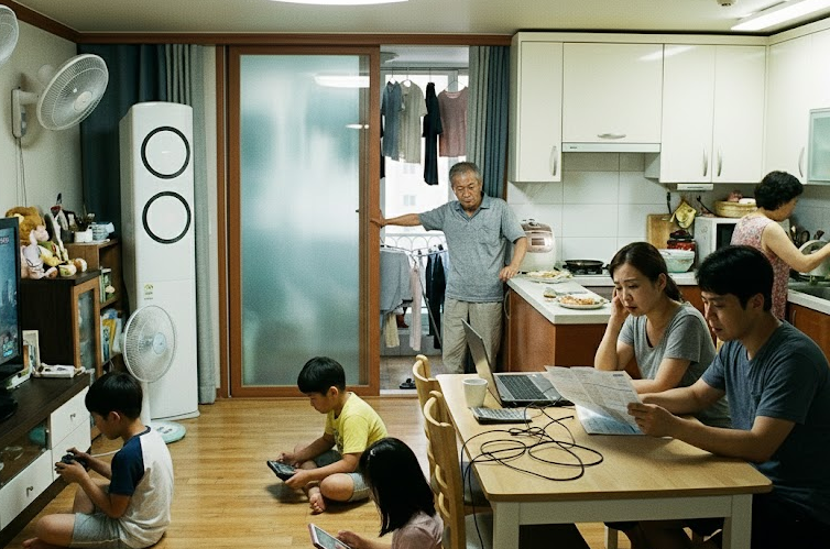 여러 명의 가족이 함께 생활하며 가전 사용으로 전기요금이 증가한 가정의 실내 모습