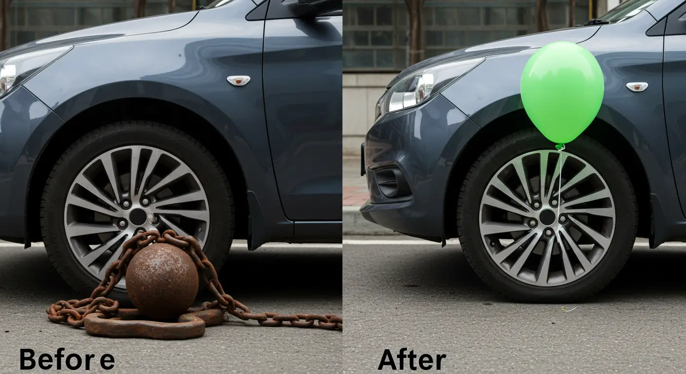 고금리 쇠사슬에 묶인 중고차와 저금리 풍선에 매달린 중고차를 비교하는 대환대출 효과 이미지