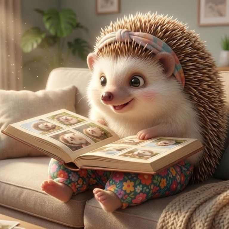 거실에서 사진첩을 펼쳐보고 있는 도치씨의 입술에 미소가 번지고 있는 모습