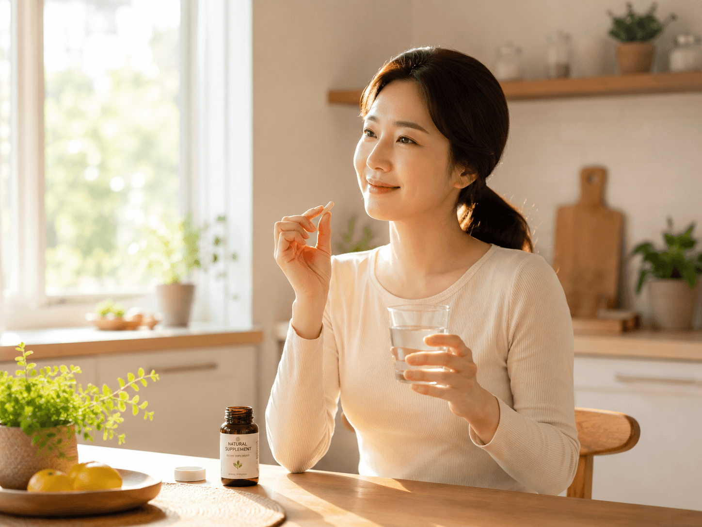 햇살이 들어오는 주방에서 물과 영양제를 들고 건강한 아침 루틴을 실천하는 여성의 모습