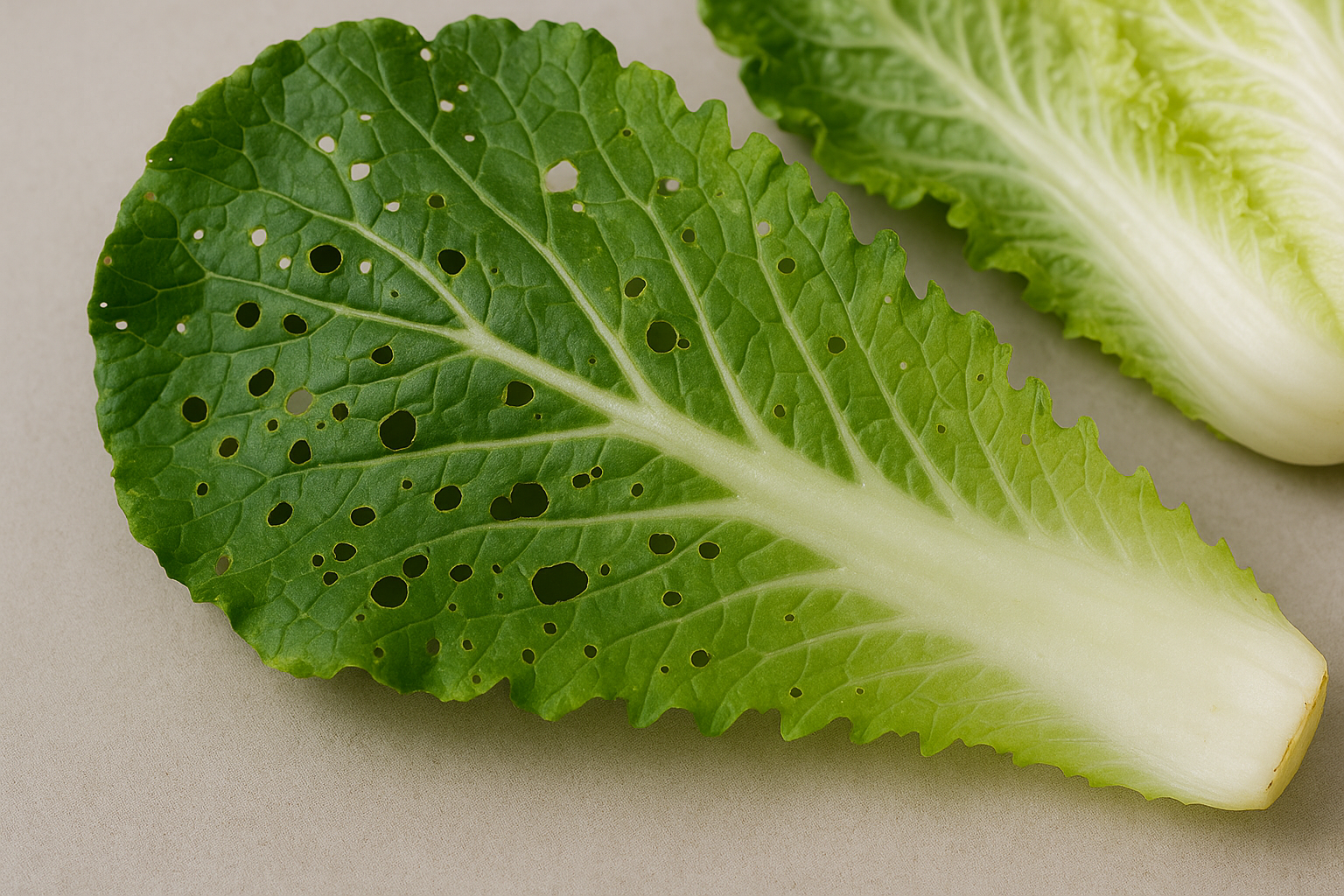 배추 외엽 벌레 먹은 구멍과 씹힘 자국