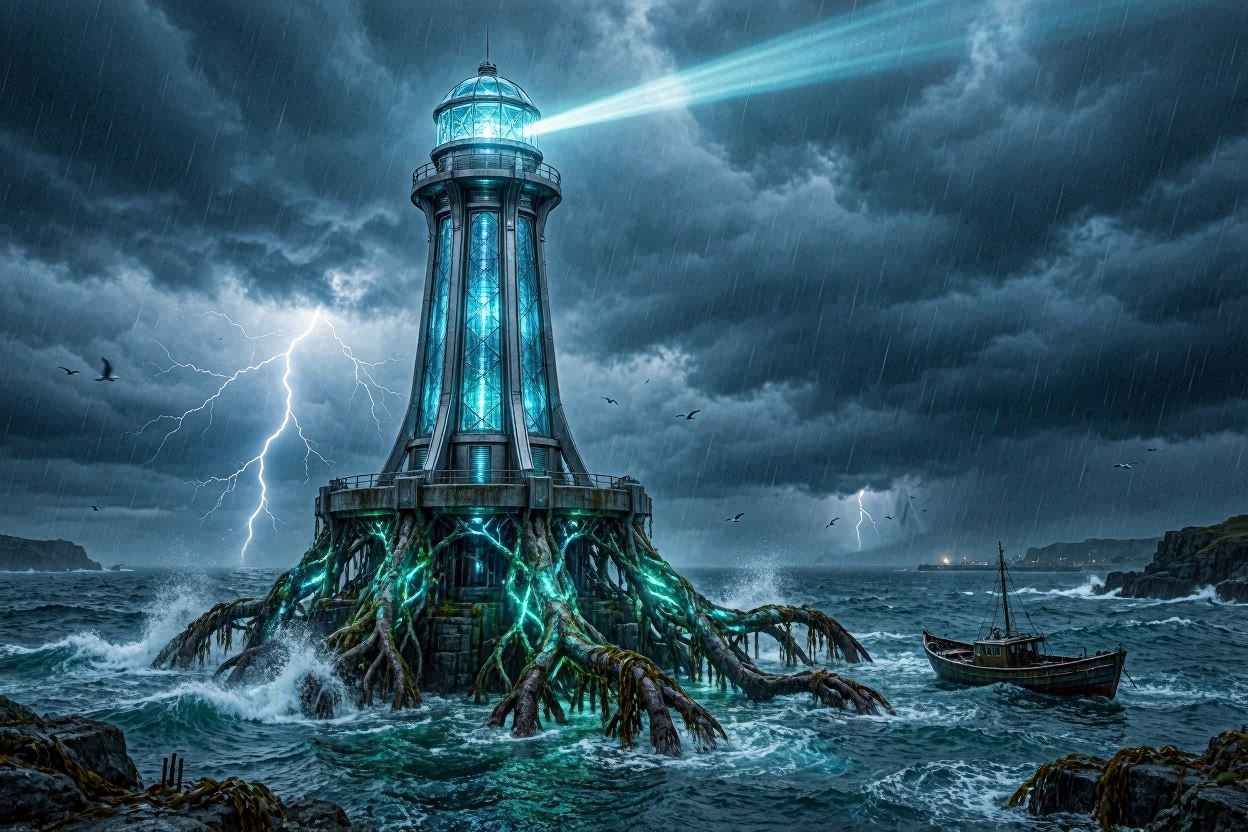 A massive, glowing futuristic lighthouse standing firm in a dark, stormy ocean with crashing waves and lightning. The lighthouse has deep, glowing roots extending into the ocean floor, symbolizing a strong ecosystem and infrastructure. Epic, dramatic atmosphere, highly detailed, Unreal Engine 5 render.