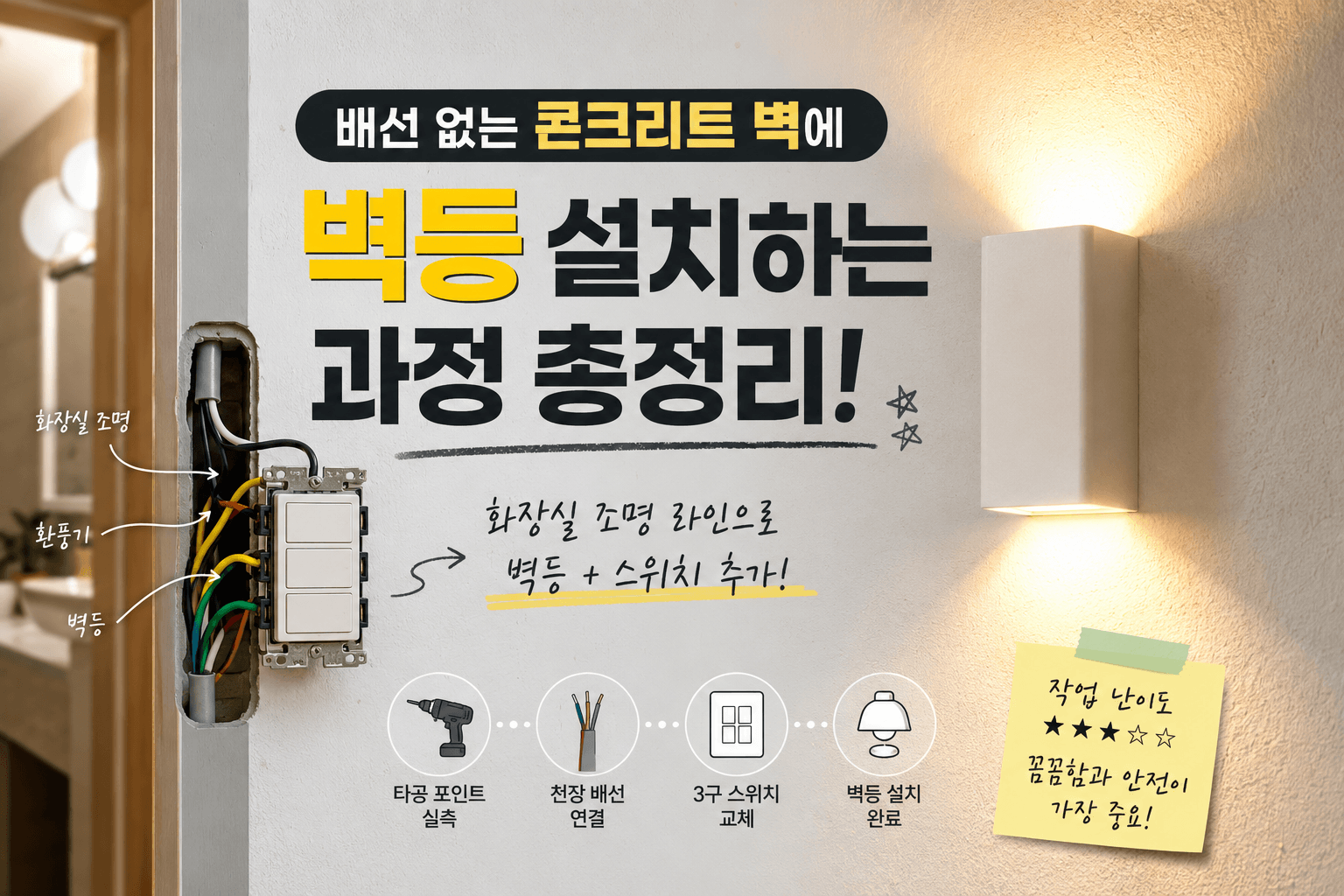 배선 안 된 콘크리트 벽에 조명 설치