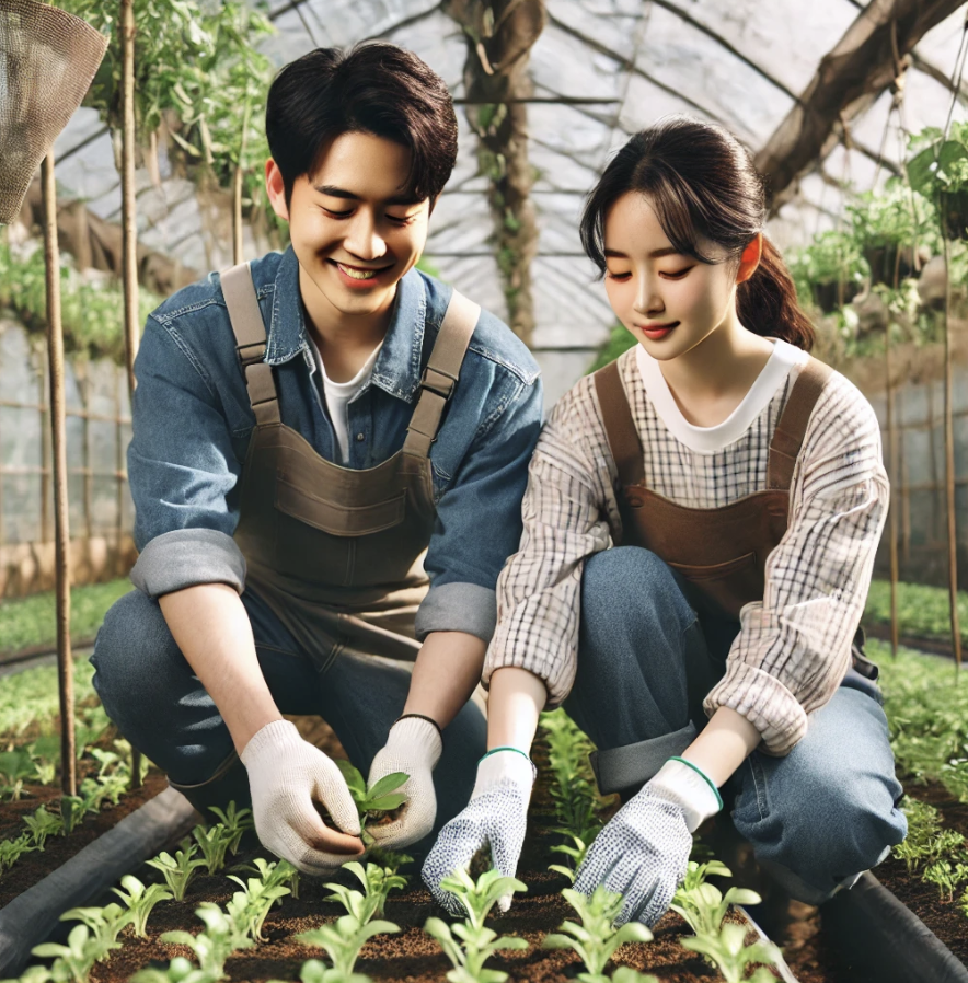 하우스에서 함께 일하는 농부 부부