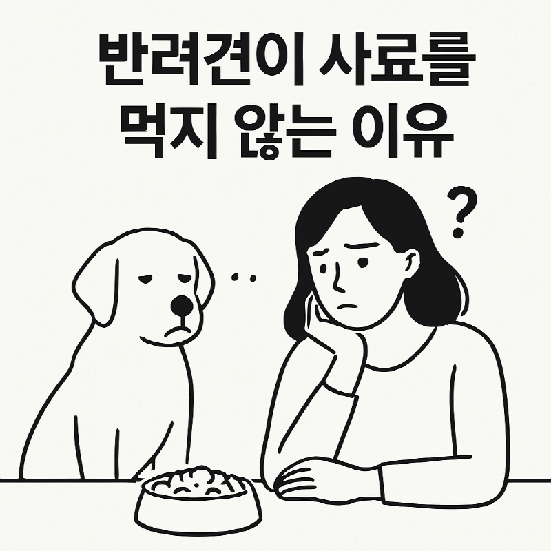 혼란스러운 표정을 지은 보호자와 사료에 무관심한 반려견이 마주한 장면