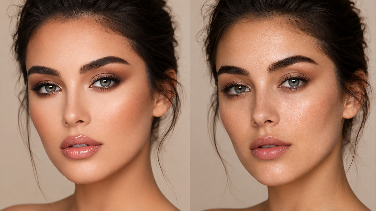 Comparing overly edited makeup images with those showing natural skin texture