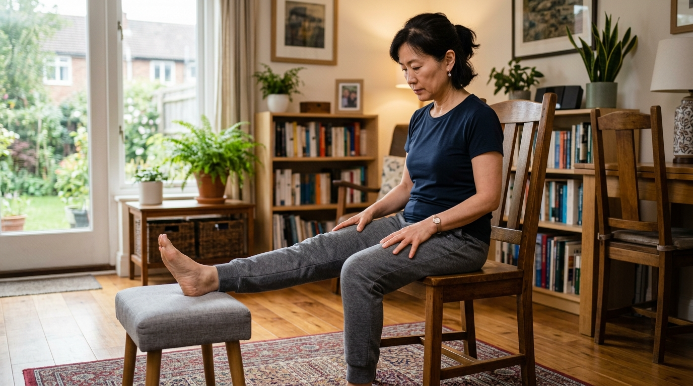 의자에 앉아 대퇴사두근 운동을 하는 모습 사진