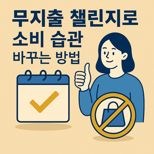 무지출 챌린지를 통해 소비 습관을 바꾸는 방법을 설명하는 썸네일 이미지로, 달력과 체크 표시, 쇼핑백 금지 아이콘, 엄지를 치켜든 여성 캐릭터가 포함된 절약 실천 일러스트