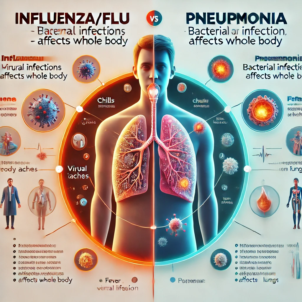독감과 폐렴차이점과 증상 비교하는 이미지