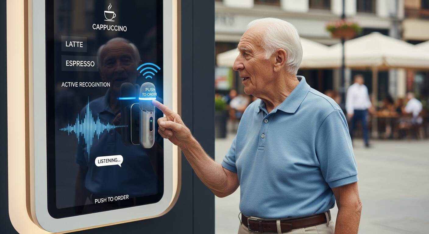 음성 인식 기능이 적용된 카페 키오스크 앞에서 시니어가 마이크 버튼을 누르고 말로 주문하는 모습