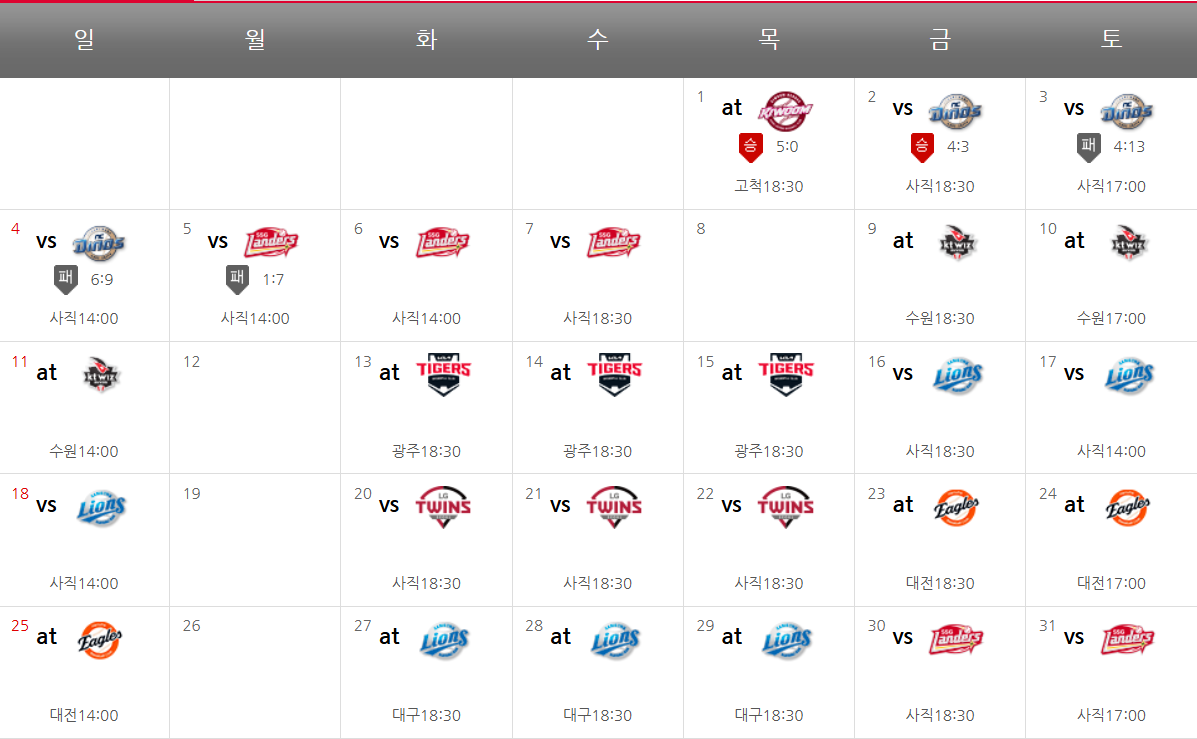 롯데 자이언츠 전체경기일정