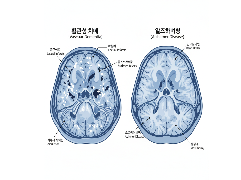 혈관성 치매의 뇌경색 흔적과 알츠하이머의 뇌 위축 상태를 비교한 뇌 사진