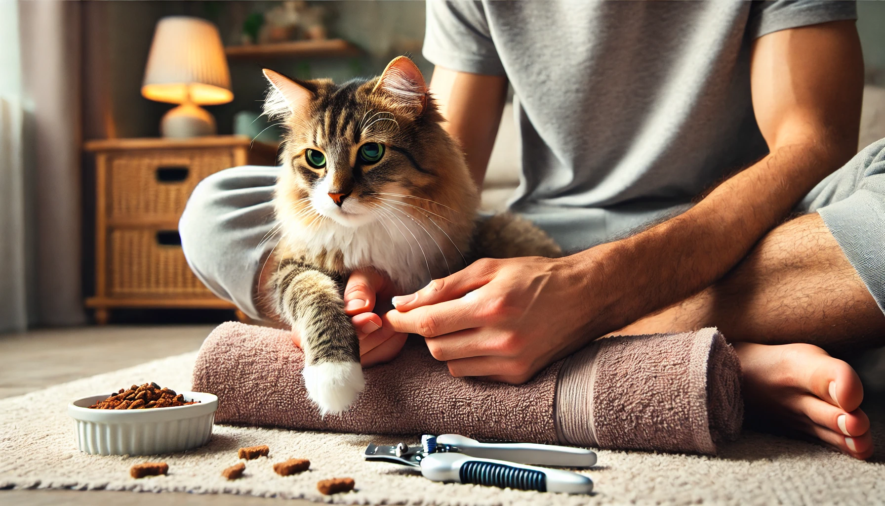 사람이 반려묘의 발톱을 손질해 주는 그림