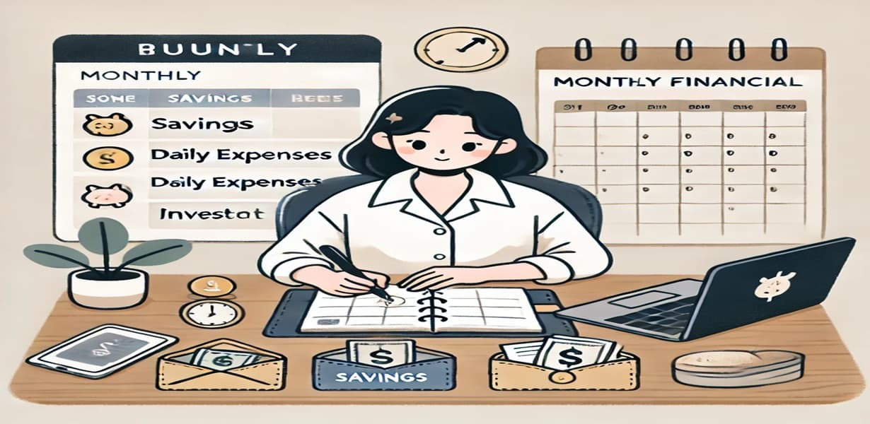 사회초년생이 월급 관리와 금융 루틴을 계획하고 있는 장면