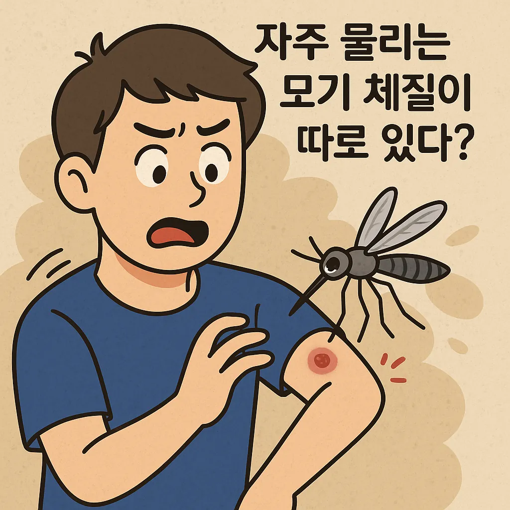 자주-모기에-물리는-사람의-체질을-묘사한-일러스트로-팔에-모기에-물리고-놀란-표정을-짓는-남성과-모기가-강조됨