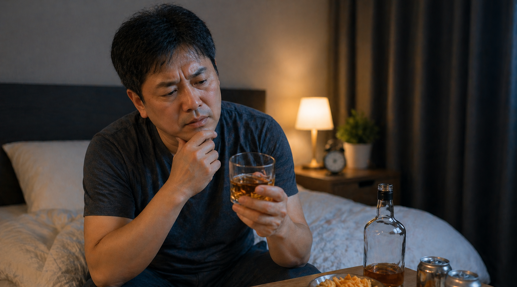 술을 마신 후 고민하며 앉아 있는 중년 남성 모습