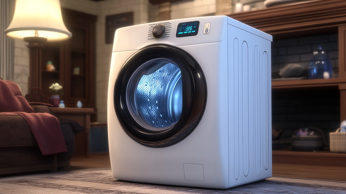 현대적인 가정 인테리어에 놓인 삼성 그랑데 세탁기가 부드러운 터치 스크린과 함께 광택나고 세련된 외형을 자랑합니다.