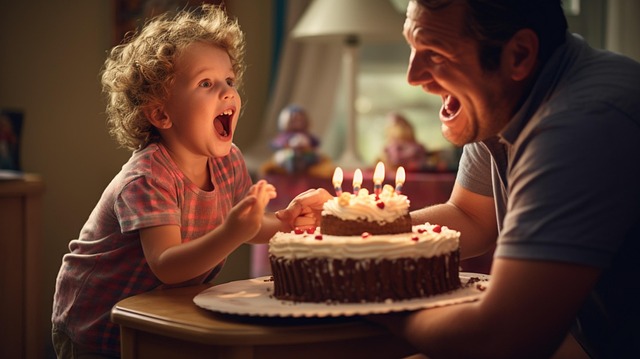 생일 케이크 앞에서 즐겁게 웃는 아이와 아빠의 모습