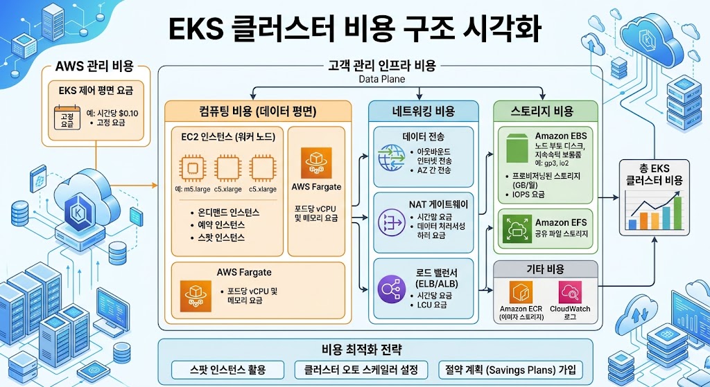 전통적 온디맨드 방식 대비 Karpenter 기반 스팟 인스턴스 혼합 운영 시 월간 클라우드 지출 절감 효과를 보여주는 VISION 2026 브랜딩 차트