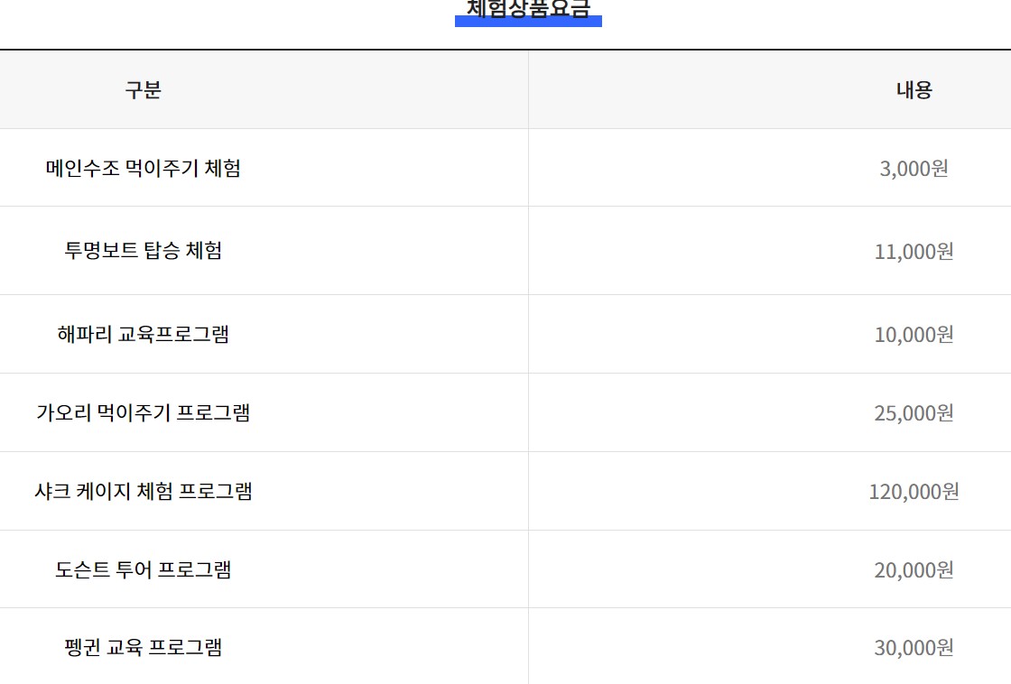 체험 요금표 사진
