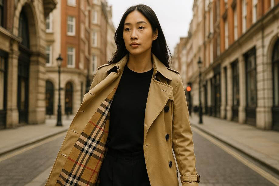 트렌치코트 안감 속 버버리 체크무늬가 강조된 장면