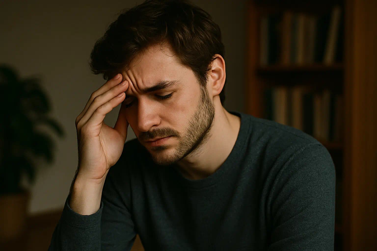 내면의 감정에 집중하며 깊은 고민에 빠진 INFP 남성