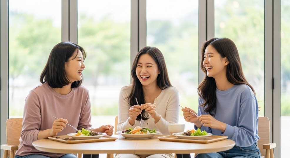 친구와 건강검진 후 웃으며 식사하는 여성들