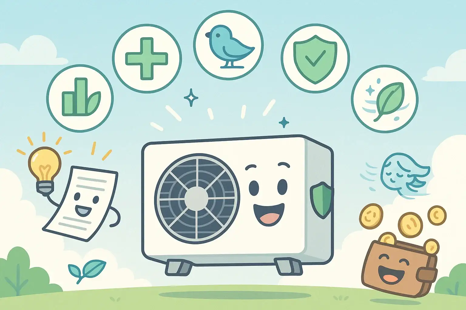 깨끗하게 관리된 에어컨 실외기가 웃으며 건강, 환경, 비용 절감 등 다양한 이점을 보여주는 모습