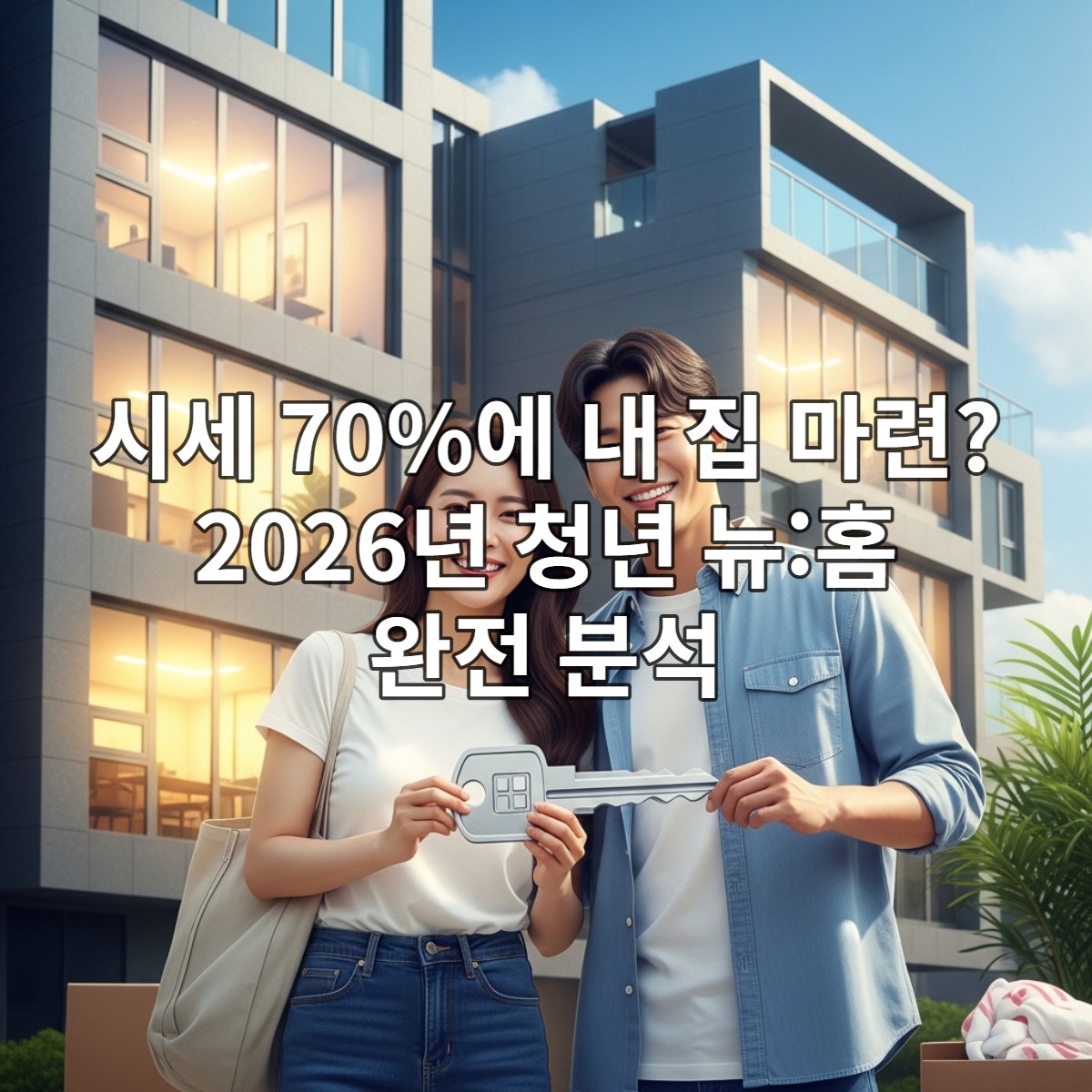 환하게 웃으며 새 집 열쇠를 들고 있는 젊은 한국인 부부, 뒤로는 현대적인 아파트가 보이며 안정적인 내집 마련의 꿈을 상징합니다.