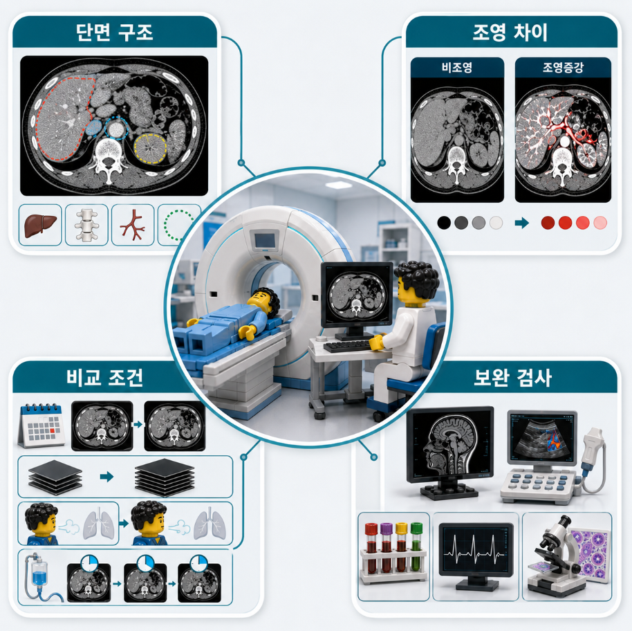 CT 검사 핵심 4가지인 단면 구조, 조영 차이, 비교 조건, 보완 검사를 요약한 의료 인포그래픽