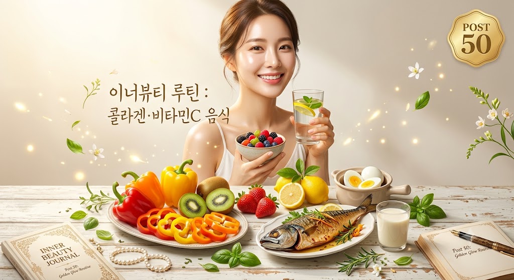 이너뷰티 루틴을 주제로 한 이미지로, 테이블 위에 신선한 파프리카, 키위, 레몬, 딸기, 브로콜리 등 비타민C가 풍부한 과일과 채소, 구운 고등어, 삶은 달걀, 두유가 차려져 있습니다. 중앙에는 미소를 지으며 베리류가 담긴 볼과 레몬수를 들고 있는 여성의 모습이 보이고, 이미지 우측 상단에는 'POST 50'이라는 골드 배지가 배치되어 있습니다. 왼쪽 아래에는 'INNER BEAUTY JOURNAL'이라는 문구가 적힌 노트가 놓여 있습니다.