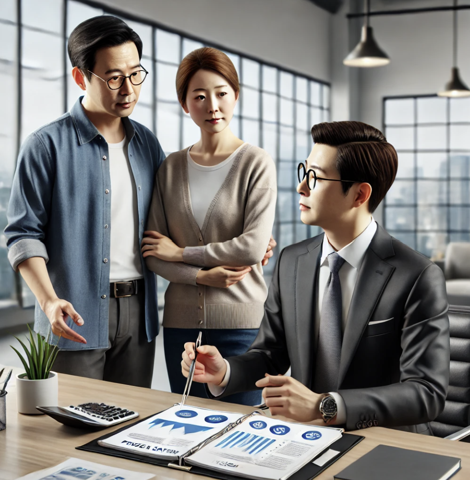 중년 부부가 금융 컨설턴트화 함께 연금 저축에 대해 상담하는 모습
