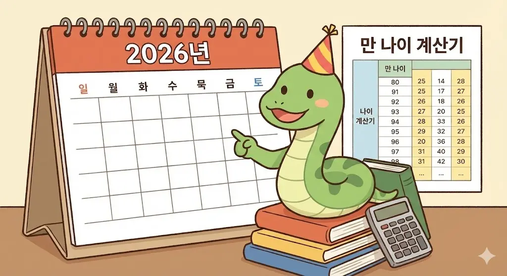 '귀여운 뱀 캐릭터가 나이 계산기를 두드리고 있는 일러스트