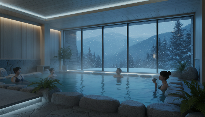 실내 온천탕에서 사람들이 조용히 온천을 즐기는 모습. 통창 밖으로는 눈 내린 풍경이 보인다.