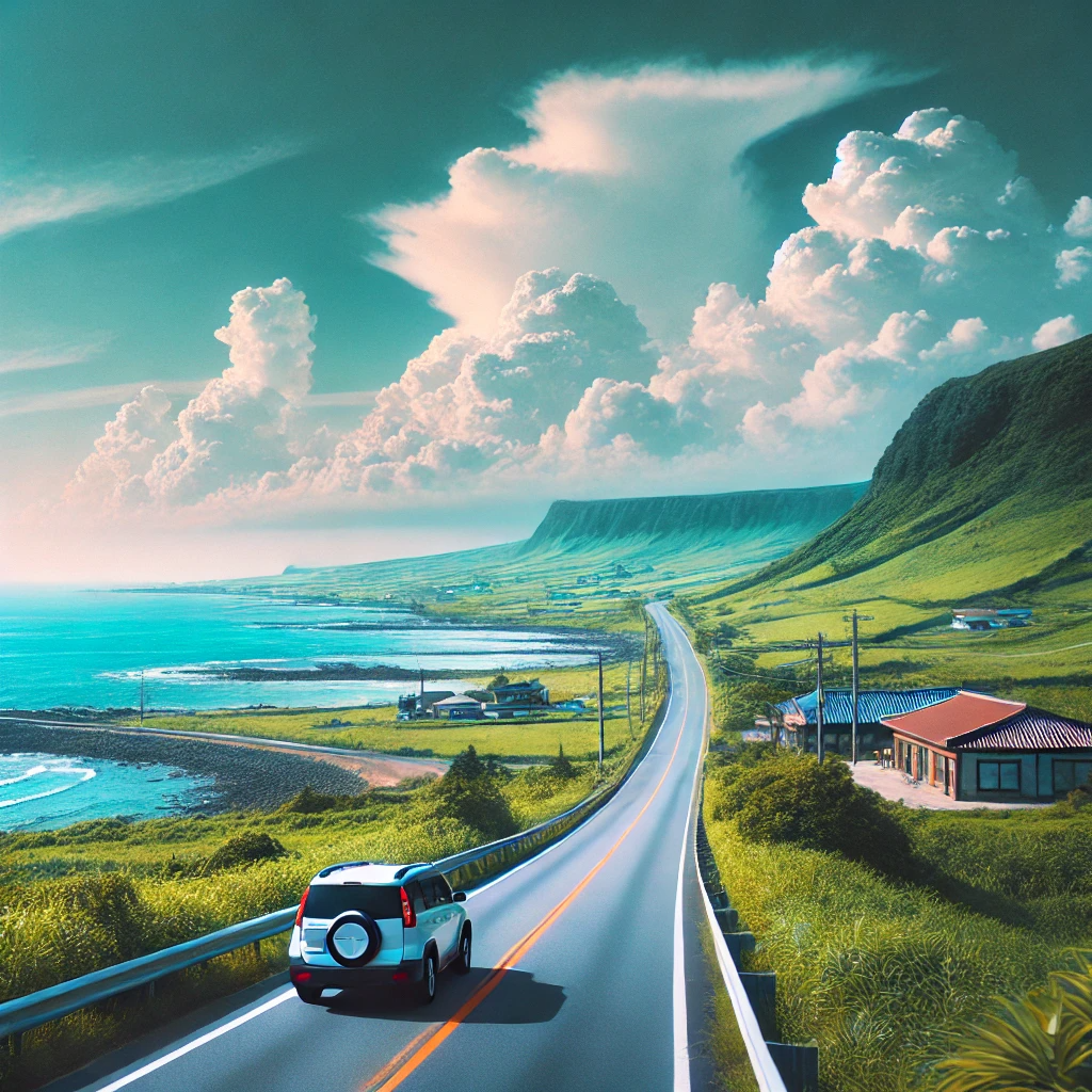 제주도의 해안 도로를 따라 달리는 자동차, 바다와 푸른 언덕이 어우러진 풍경