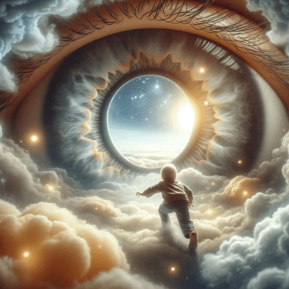 눈과 비슷한 형상 속으로 걸어가는 아이