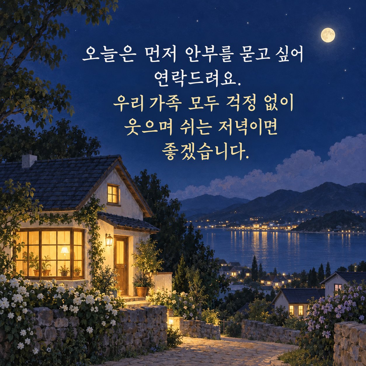 가족에게 보내는 따뜻한 저녁 인사 이미지 10 — 오늘은 먼저 안부를 묻고 싶어 연락드려요. 우리 가족 모두 걱정 없이 웃으며 쉬는 저녁이면 좋겠습니다.