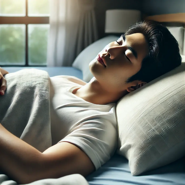 부드러운 아침 햇살 속에서 편안히 등을 대고 자는 동양인 남성