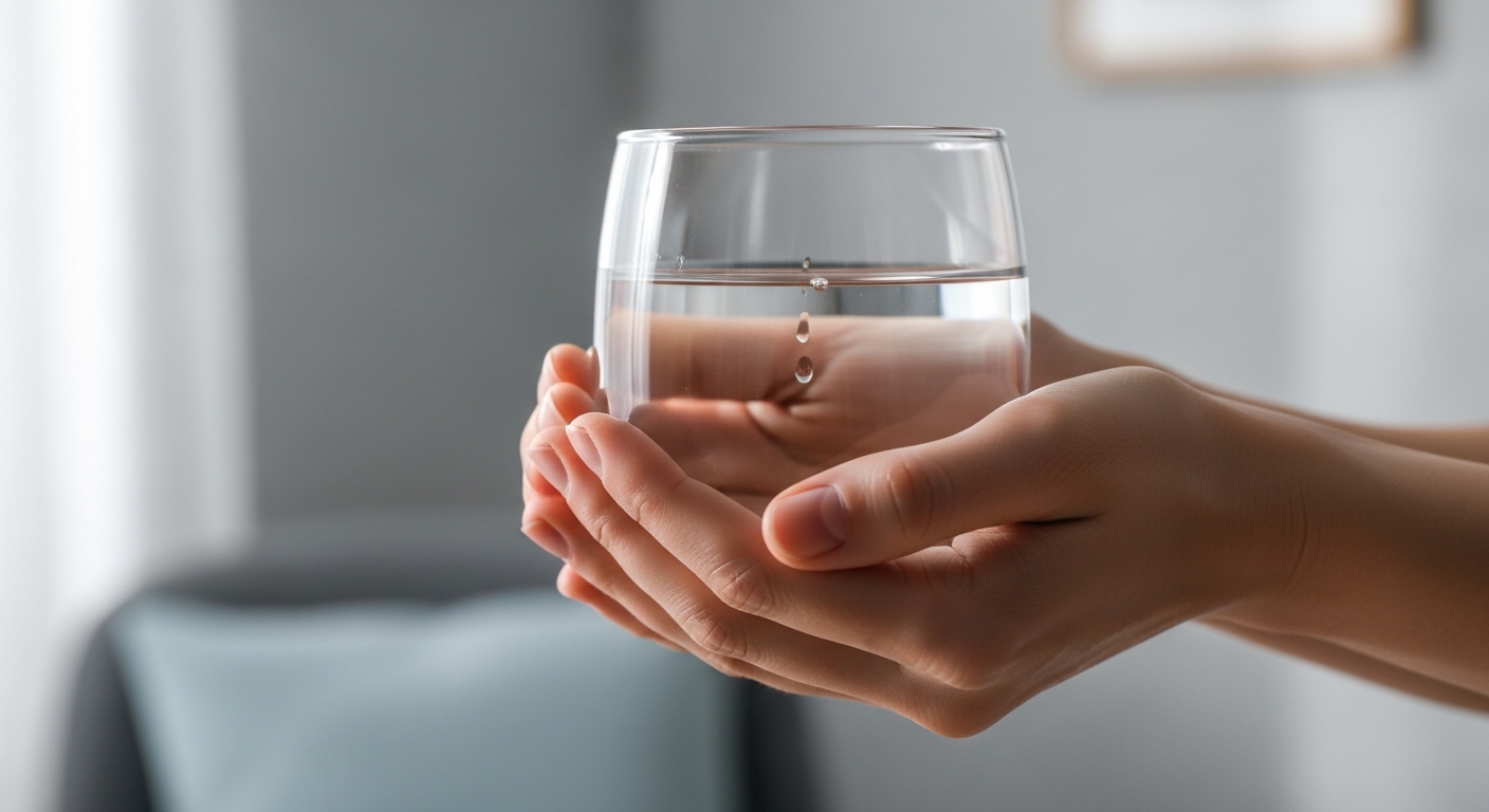 맑은 물 한 잔을 마시며 수분을 보충하는 손의 클로즈업 이미지.