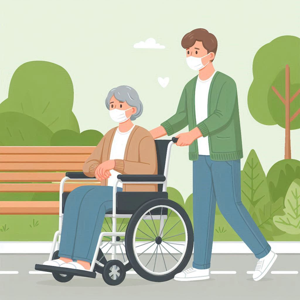 이 사진은 장애인 활동 지원사 관련 이미지로 대상자와 함께 공원을 산책하는 모습의 사진입니다.