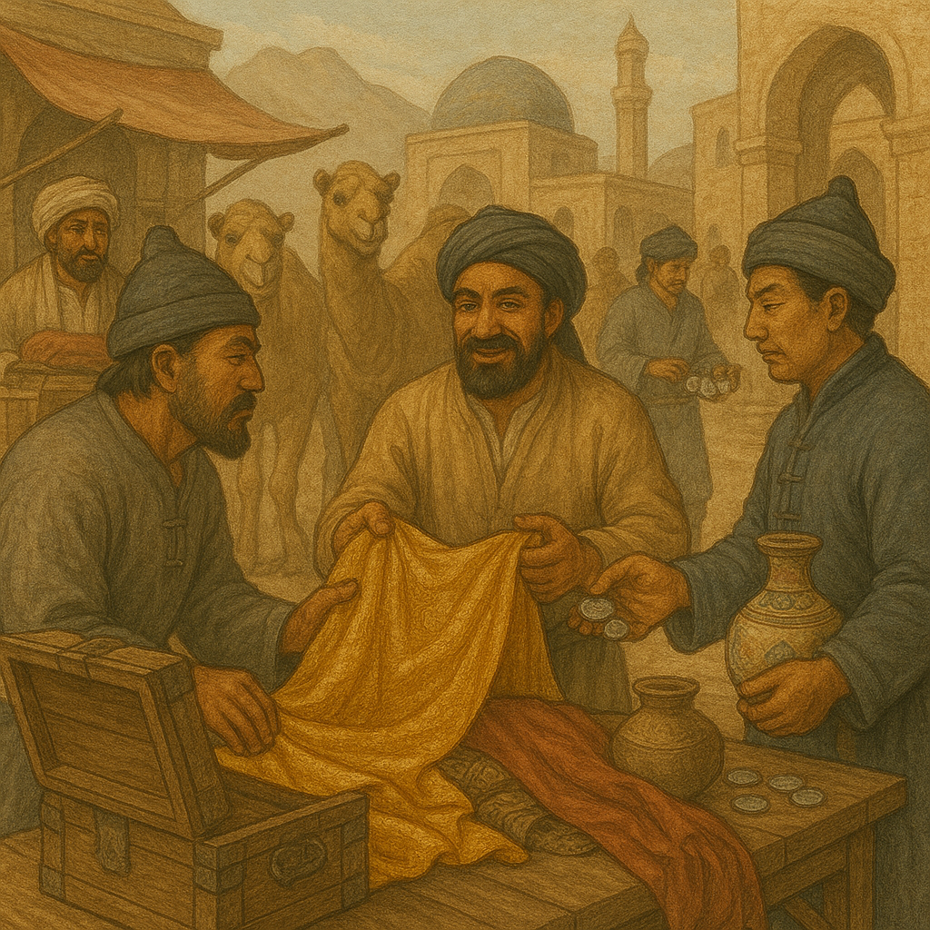 실크로드에서 상인들이 거래하는 모습