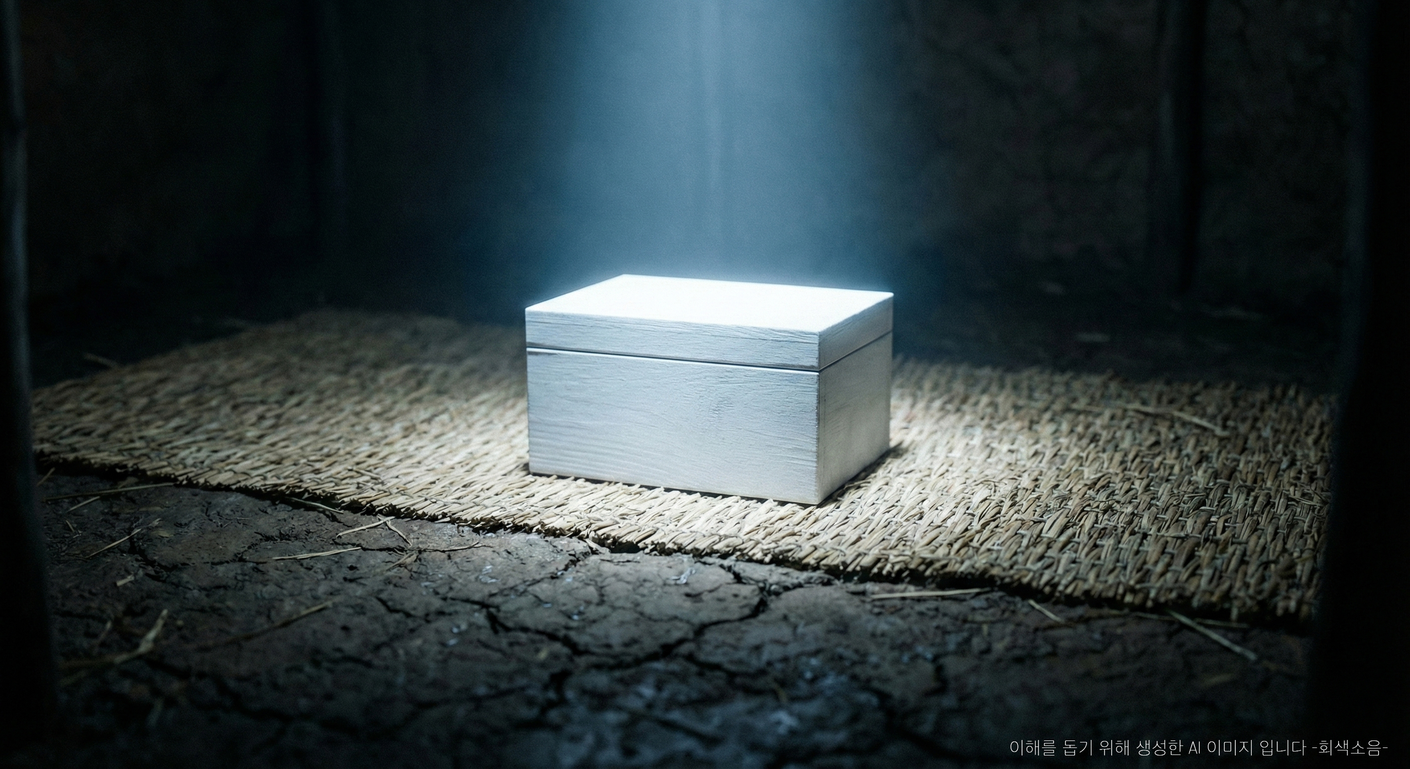 하얀 상자, 차가운 통지 : 흙바닥과 짚자리 위 어둠 속에서 하얀 나무 상자 하나만이 위에서 떨어지는 좁은 빛에 차갑게 드러나는 매크로 장면.