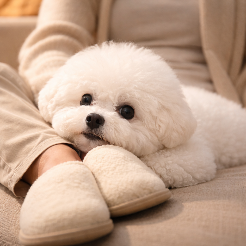 보호자가 소파에 앉아 있고, 강아지가 발 위에 턱을 괴고 있는 장면