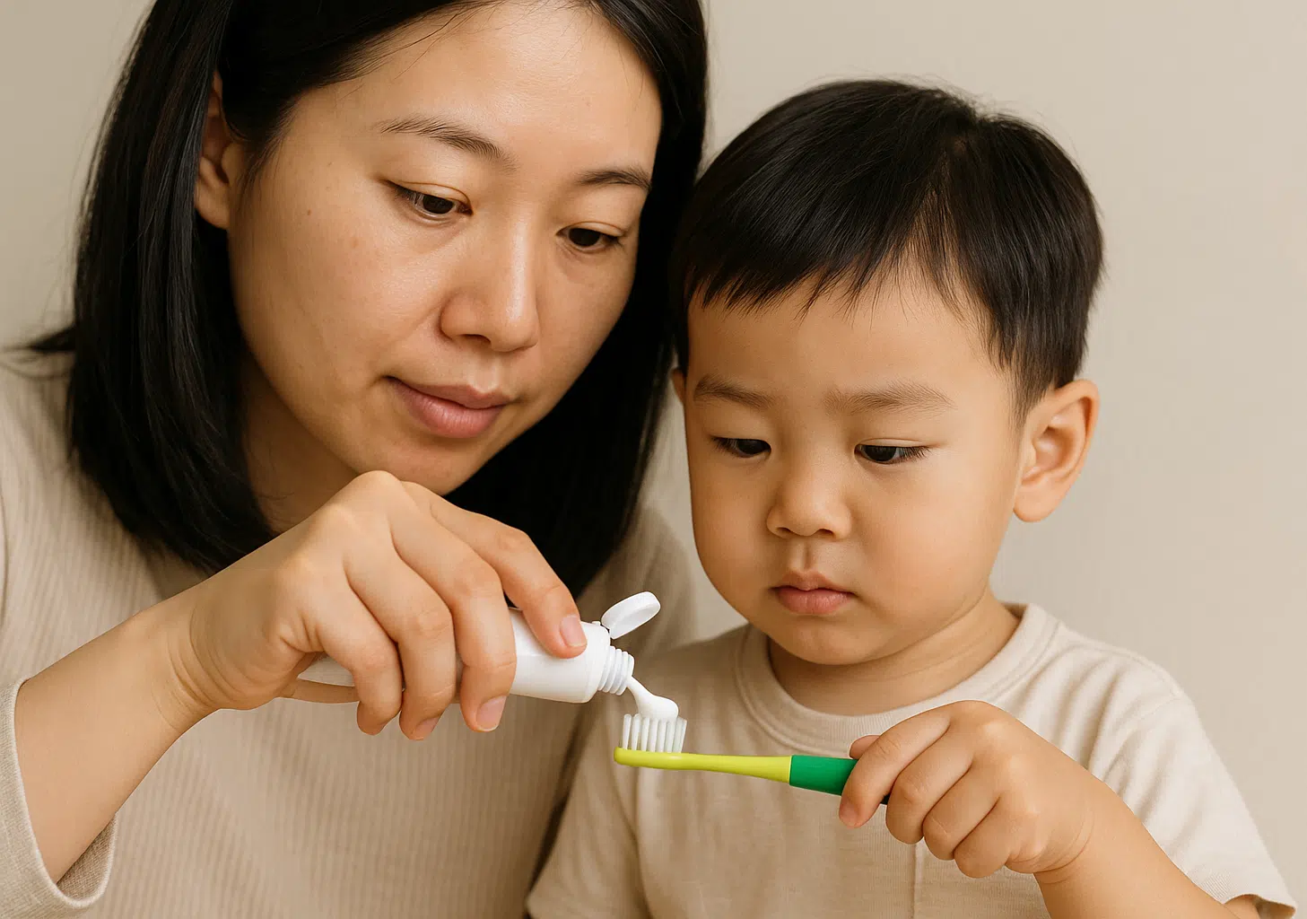 부모가 아이 손을 잡고 치약을 아주 조금만 칫솔에 짜주는 모습