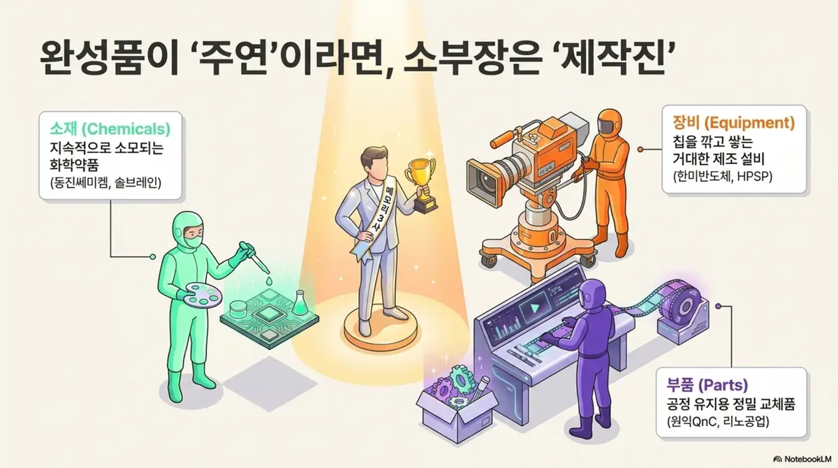 반도체 소부장 대장주: '완성품이 주연이라면 소부장은 제작진'이라는 비유로 반도체 소부장 뜻을 설명하는 이미지. 소재(화학약품), 장비(제조 설비), 부품(정밀 교체품) 세 갈래와 동진쎄미켐·한미반도체·원익QnC 등 대표 종목을 보여주며, 반도체 소재 부품 장비의 역할 구분을 시각적으로 전달함.