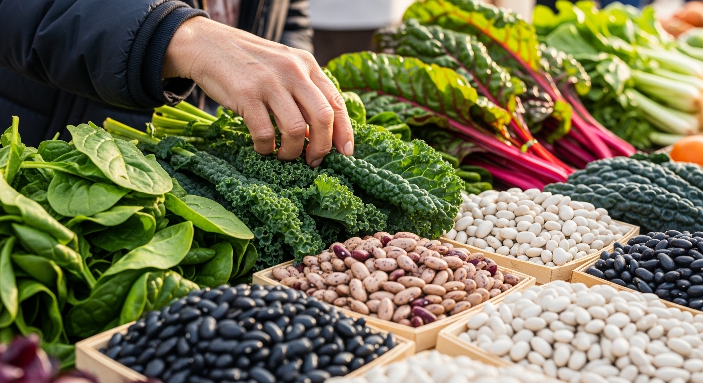 건강한 식단 관리를 위해 신선한 녹황색 채소와 다양한 콩류를 고르는 시니어의 손.