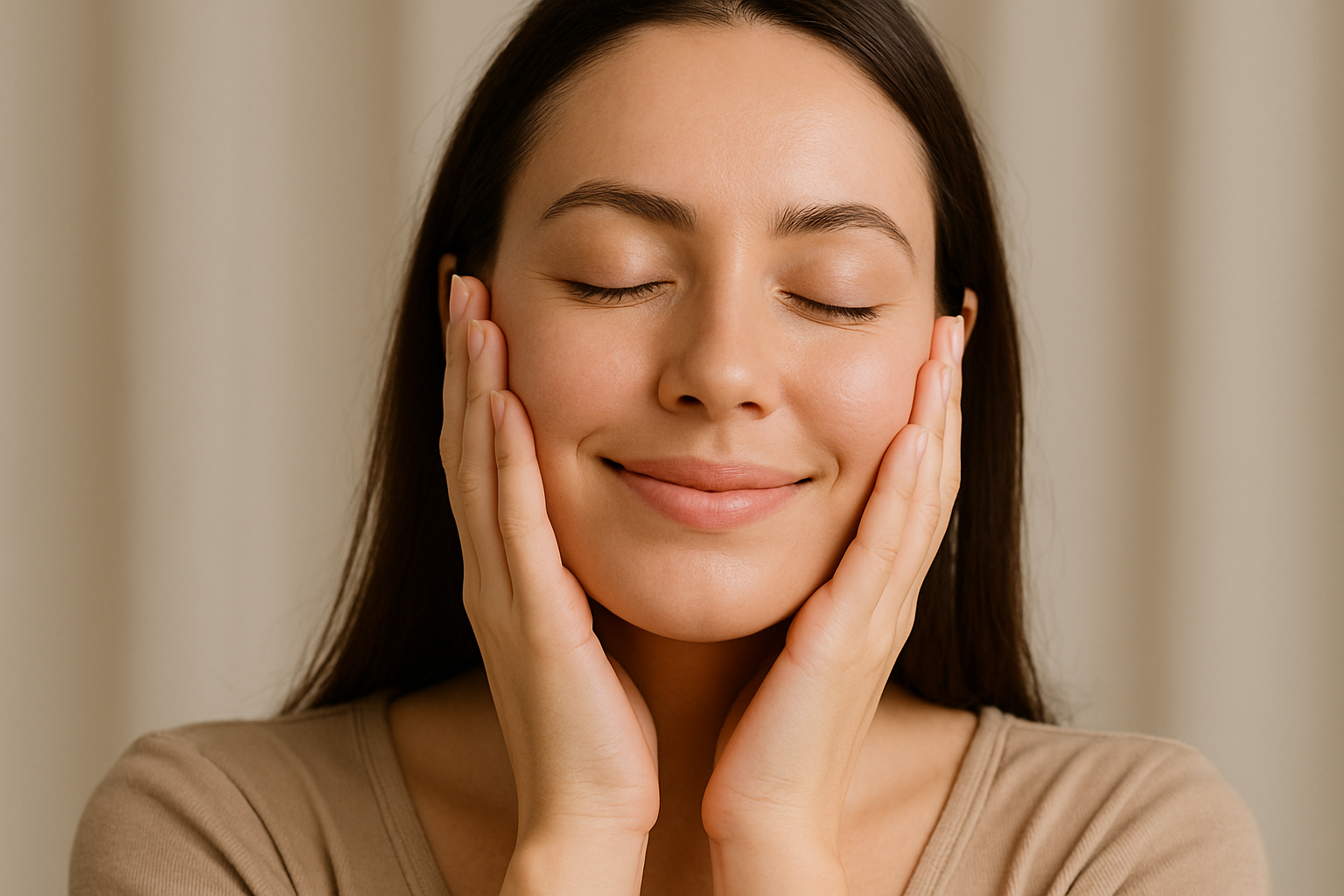 여성이 모든 스킨케어를 마치고 양손으로 얼굴에 흡수시키고 있는 이미지