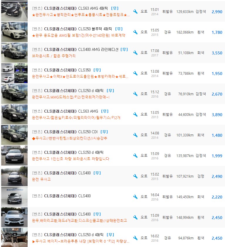벤츠 CLS클래스 W218 등급 중고차 가격 : 1,030만원 ~ 4,450만원